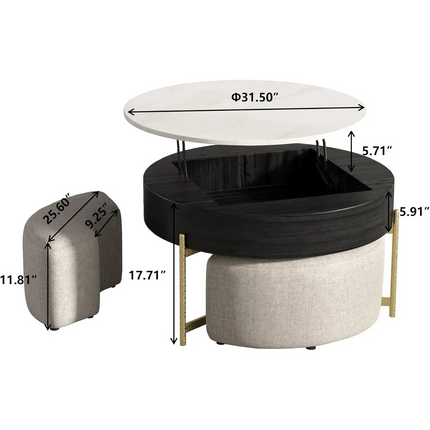 Solenza Kanza 31" Lift-Top White Marble Coffee Table Gold Base | Black & Gold with 3 Stools
