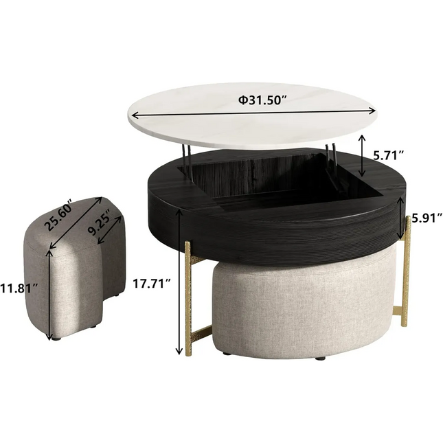 Solenza Kanza 31" Lift-Top White Marble Coffee Table Gold Base | Black & Gold with 3 Stools