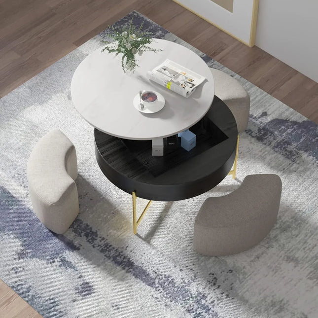 Solenza Kanza 31" Lift-Top White Marble Coffee Table Gold Base | Black & Gold with 3 Stools