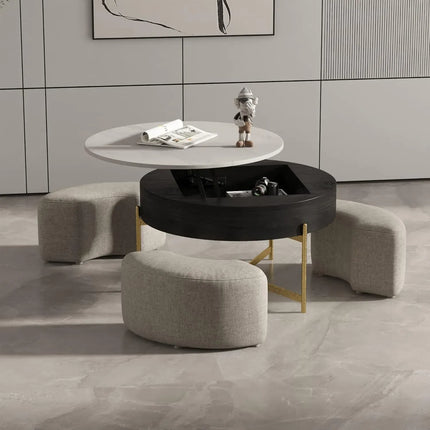 Solenza Kanza 31" Lift-Top White Marble Coffee Table Gold Base | Black & Gold with 3 Stools