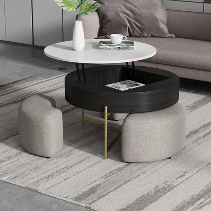 Solenza Kanza 31" Lift-Top White Marble Coffee Table Gold Base | Black & Gold with 3 Stools