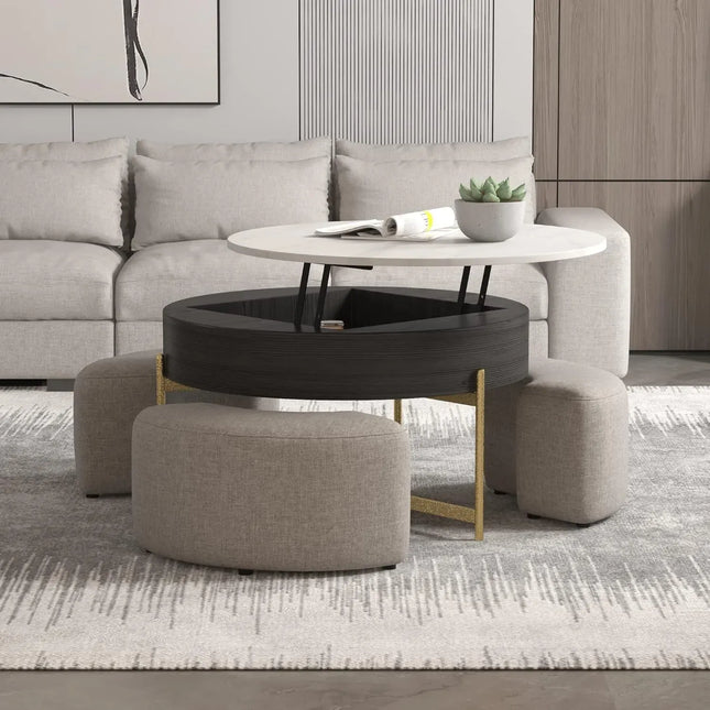 Solenza Kanza 31" Lift-Top White Marble Coffee Table Gold Base | Black & Gold with 3 Stools