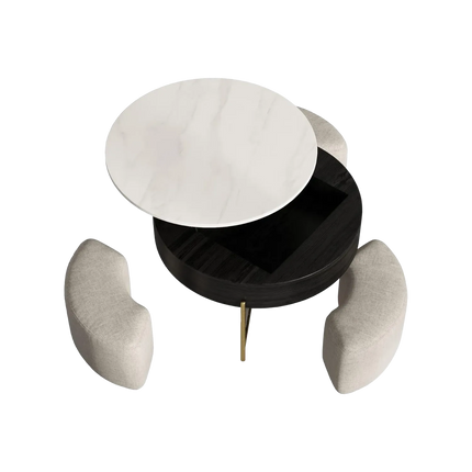 Solenza Kanza 31" Lift-Top White Marble Coffee Table Gold Base | Black & Gold with 3 Stools