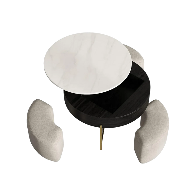 Solenza Kanza 31" Lift-Top White Marble Coffee Table Gold Base | Black & Gold with 3 Stools