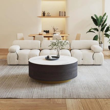 Solenza Zaya 33" Modern Round Coffee Table | Withe Marble Top & Black Wood Grain