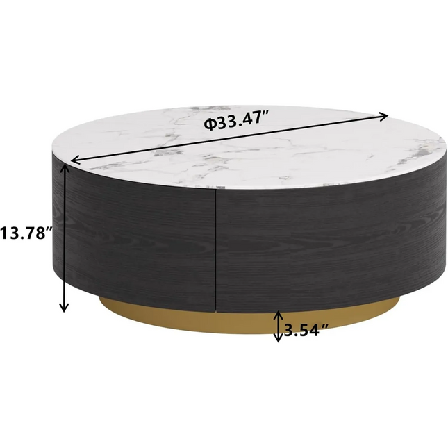 Solenza Zaya 33" Modern Round Coffee Table | Withe Marble Top & Black Wood Grain