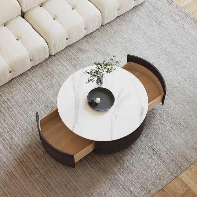 Solenza Zaya 33" Modern Round Coffee Table | Withe Marble Top & Black Wood Grain