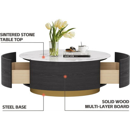 Solenza Zaya 33" Modern Round Coffee Table | Withe Marble Top & Black Wood Grain