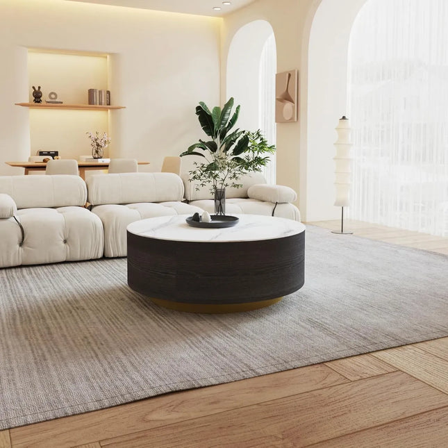 Solenza Zaya 33" Modern Round Coffee Table | Withe Marble Top & Black Wood Grain