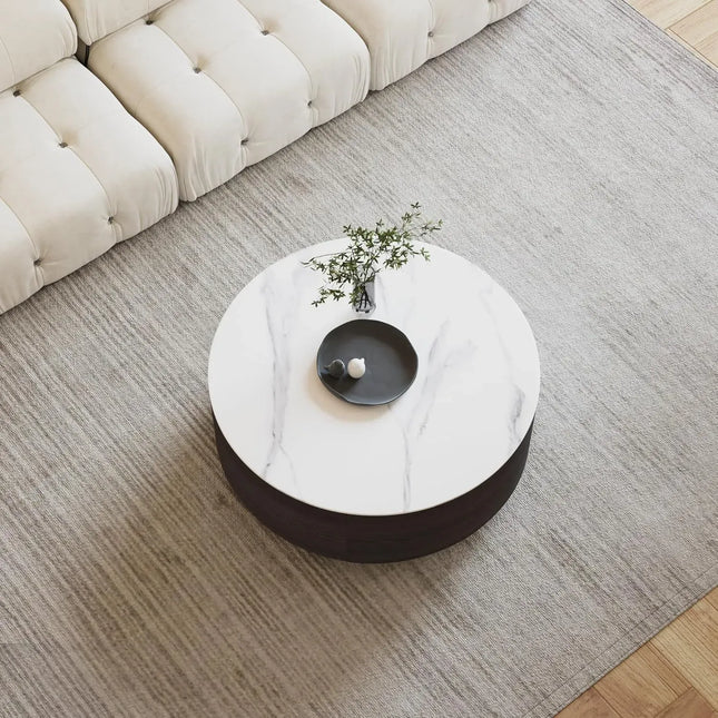 Solenza Zaya 33" Modern Round Coffee Table | Withe Marble Top & Black Wood Grain