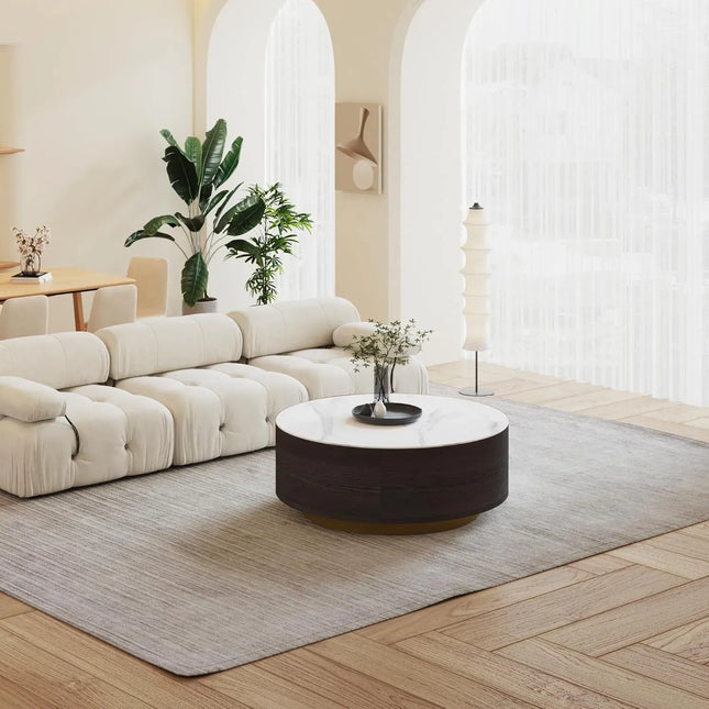 Solenza Zaya 33" Modern Round Coffee Table | Withe Marble Top & Black Wood Grain