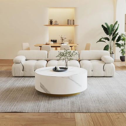 Solenza Zaya 33" Round White Marble Coffee Table | Gold Base & Storage