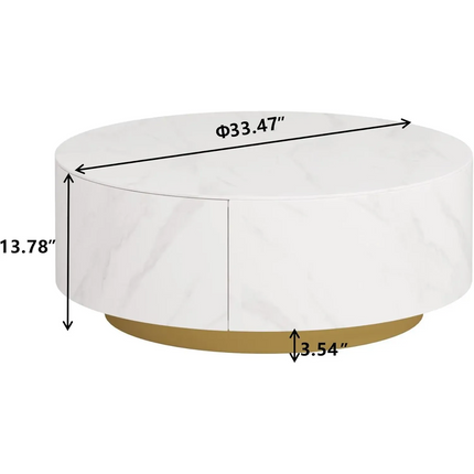 Solenza Zaya 33" Round White Marble Coffee Table | Gold Base & Storage