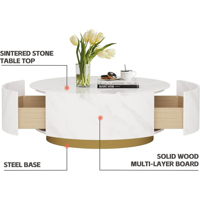 Solenza Zaya 33" Round White Marble Coffee Table | Gold Base & Storage