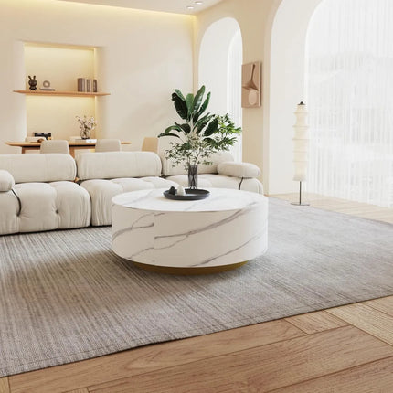 Solenza Zaya 33" Round White Marble Coffee Table | Gold Base & Storage