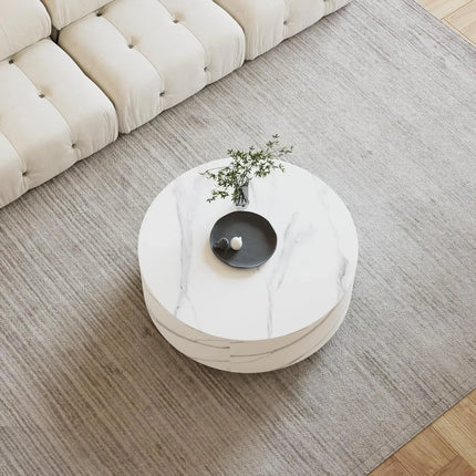 Solenza Zaya 33" Round White Marble Coffee Table | Gold Base & Storage