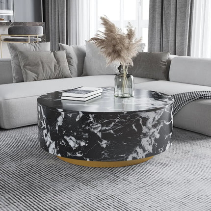 Solenza Zaya 33" Round Black Marble Coffee Table | Gold Base & Storage
