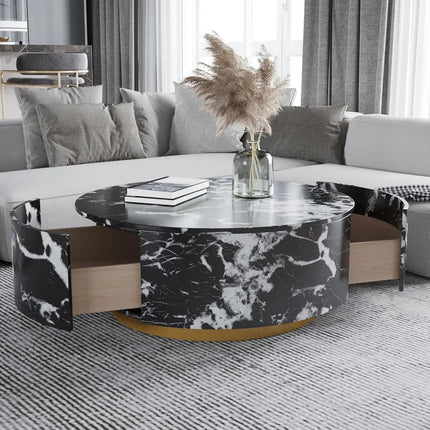 Solenza Zaya 33" Round Black Marble Coffee Table | Gold Base & Storage