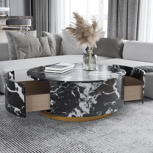 Solenza Zaya 33" Round Black Marble Coffee Table | Gold Base & Storage