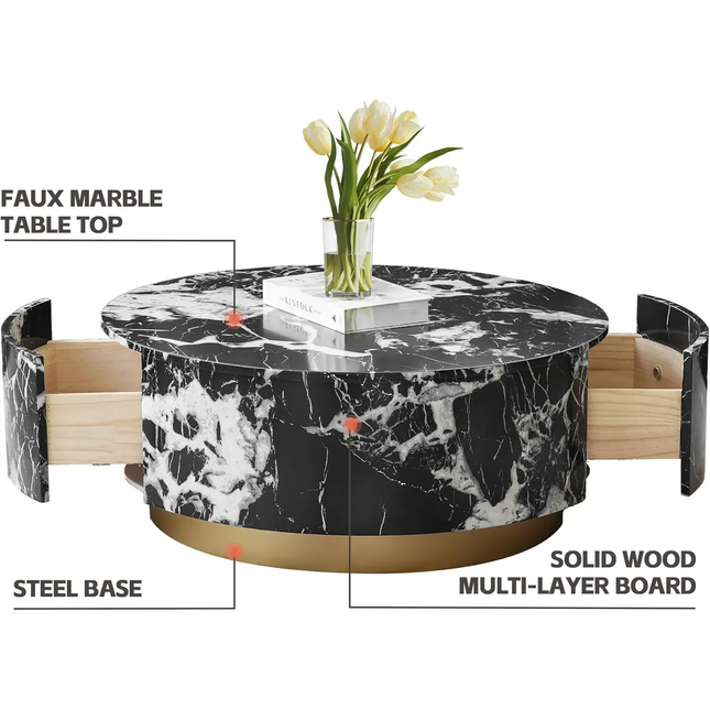 Solenza Zaya 33" Round Black Marble Coffee Table | Gold Base & Storage