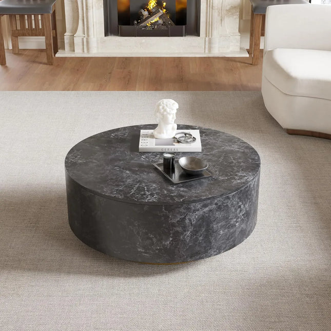 Solenza Zaya 33" Round Gray Marble Coffee Table | Gold Base & Storage