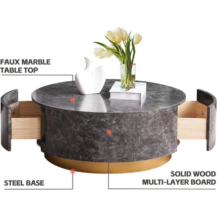 Solenza Zaya 33" Round Gray Marble Coffee Table | Gold Base & Storage