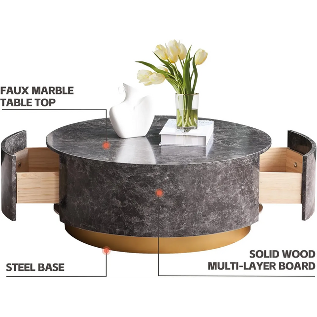 Solenza Zaya 33" Round Gray Marble Coffee Table | Gold Base & Storage