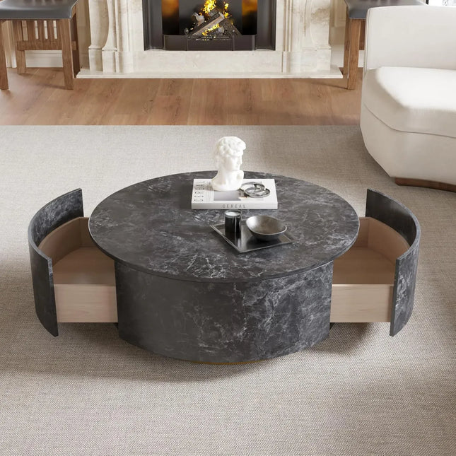 Solenza Zaya 33" Round Gray Marble Coffee Table | Gold Base & Storage
