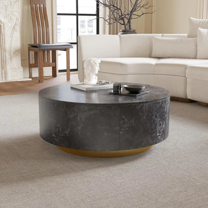 Solenza Zaya 33" Round Gray Marble Coffee Table | Gold Base & Storage
