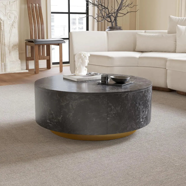 Solenza Zaya 33" Round Gray Marble Coffee Table | Gold Base & Storage