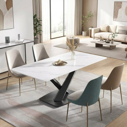 Marbela Dining Table | 70" Rectangular White Marble Dining Table | Black Metal Base – Seats 6, Modern Luxury Design