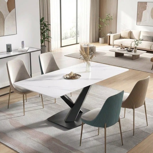 Marbela Dining Table | 70" Rectangular White Marble Dining Table | Black Metal Base – Seats 6, Modern Luxury Design