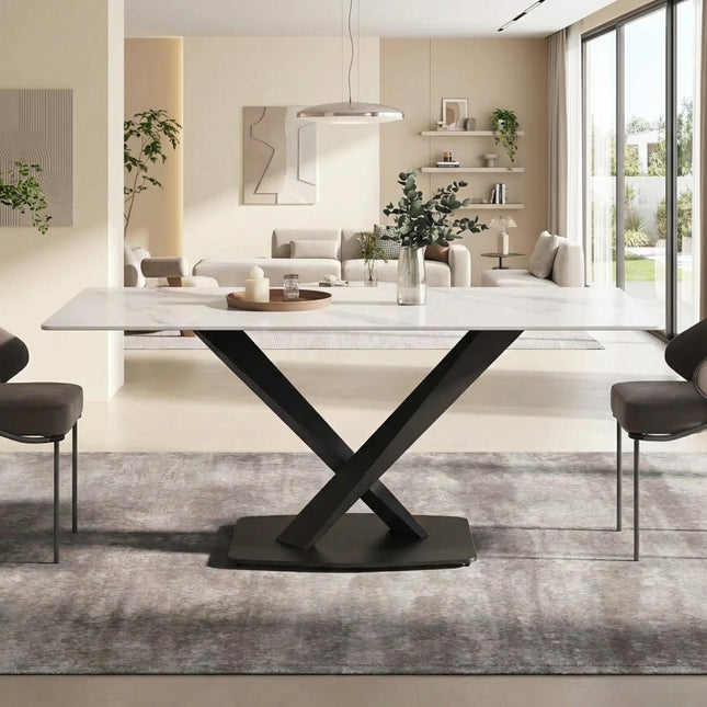Marbela Dining Table | 70" Rectangular White Marble Dining Table | Black Metal Base – Seats 6, Modern Luxury Design