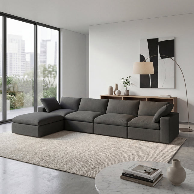 Solenza Nuvia | 160" L-Shaped Cloud Modular Sofa with Ottoman | Washable