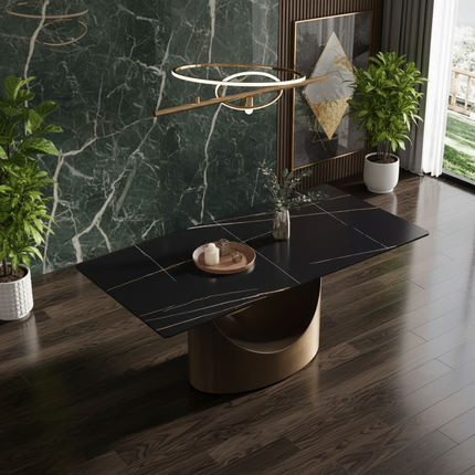 Eclipse Atlas Elegant Dining Tables | 70" Rectangular Black with Dark Gold Base for 6