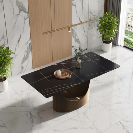 Eclipse Atlas Elegant Dining Tables | 70" Rectangular Black with Dark Gold Base for 6