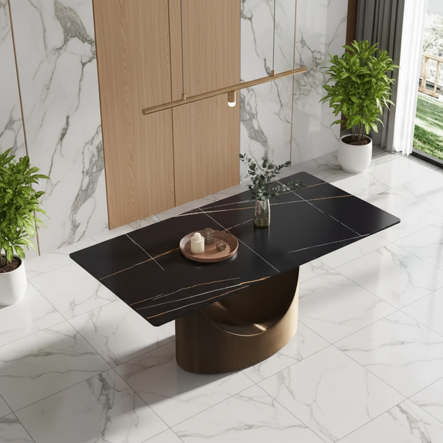 Eclipse Atlas Elegant Dining Tables | 70" Rectangular Black with Dark Gold Base for 6