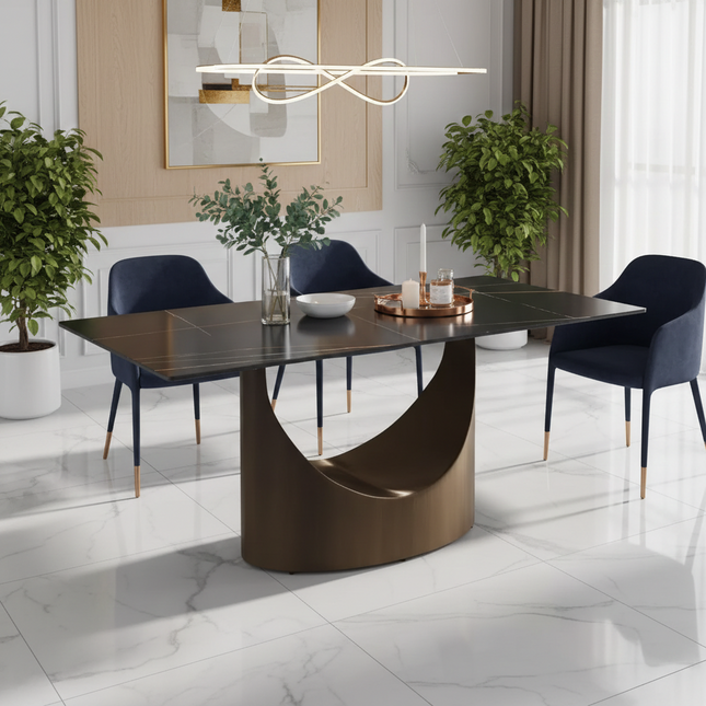 Eclipse Atlas Elegant Dining Tables | 70" Rectangular Black with Dark Gold Base for 6